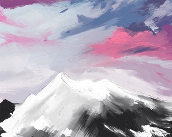 May include: A painting of a snow-capped mountain peak with a pink and purple sky in the background.