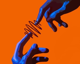 May include: Two hands, one blue and one black, reach towards each other with a black spring coil between their index fingers. The background is a solid orange.