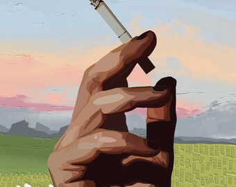 May include: A hand holding a lit cigarette against a backdrop of a field of white daisies and a sunset sky.