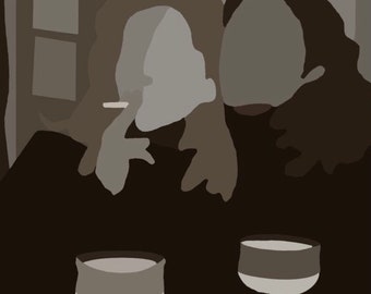 May include: Two people sitting at a table with two glasses of wine. The person on the left is holding a cigarette. The background is a blurry image of a refrigerator.
