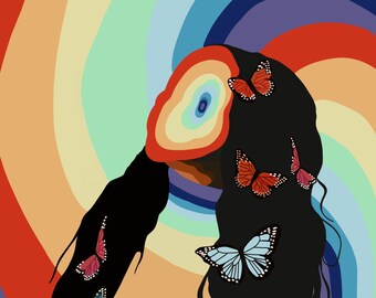 May include: A digital illustration of a person with long black hair and a rainbow swirl covering their face.  Butterflies in various colors are flying around their head.