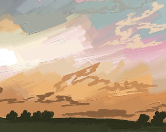 May include: A painting of a sunset over a field with a line of trees in the foreground. The sky is a mix of pink, orange, and blue with brushstrokes visible. The field is a dark green and the trees are a darker green.