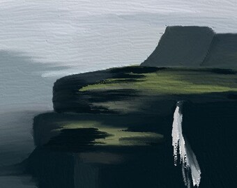 May include: An abstract landscape painting featuring a dark cliffside with green and yellow vegetation. A waterfall cascades down the side. The sky is a muted gray, and the water is a dark teal.