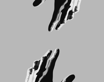 May include: Two black and white hands reaching towards each other, one hand is reaching up and the other is reaching down.