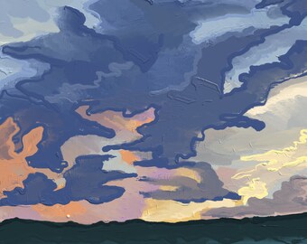 May include: A painting of a stormy seascape with a dark blue sky and white foamy waves crashing on the ocean surface.