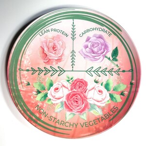 May include: A round plate with a pink background and green circles. The plate is divided into four sections with the words "Lean Protein", "Carbohydrate", "Non-Starchy Vegetables" and a fourth section with a rose.