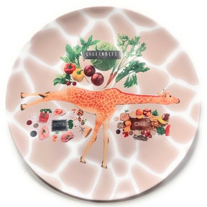 May include: A beige ceramic plate with a giraffe illustration and a food pyramid graphic. The plate is decorated with a white and beige giraffe print. The food pyramid includes vegetables, carbs, and protein.