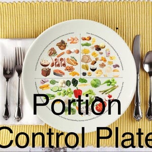May include: A white plate divided into four sections with images of different food groups. The plate is labeled "Portion Control Plate". The plate is on a yellow placemat with a white napkin and silverware.