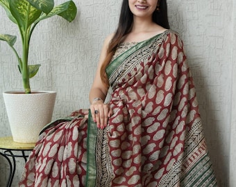 Maheshwari Silk Saree For Women, Hand Block Print With Unstitched Blouse