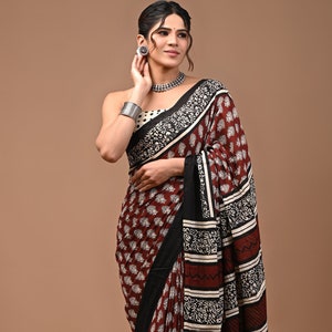 Bagru Hand Block Printed Cotton Saree with unstitched Blouse,  Festival and Daily wear