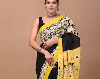 Hand Block Printed Cotton Saree: Yellow Floral Ethnic Wear
