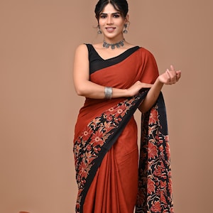 Floral Cotton Saree Bagru Hand Block Printed with unstitched Blouse, Comfortable Party and Festive Wear