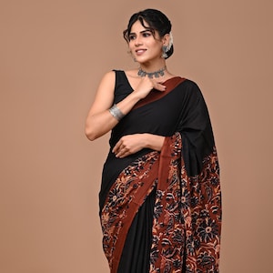 Sari de algodón para mujer: estampado floral con blusa sin coser.