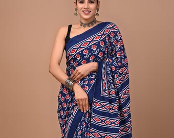 Blue Floral Print Cotton Saree: Soft Mulmul Fabric with Blouse