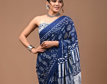 Cotton Saree for women, Floral Hand Block Bagru Print with Unstitched Blouse Piece