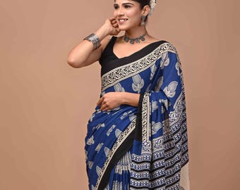 Blue Cotton Saree with running Blouse Piece, Hand Block Printed