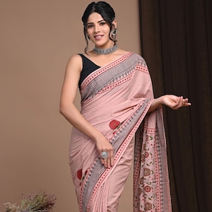 Handblock Gedruckter Baumwolle Saree: Weicher Rosa Floral Sari mit Bluse