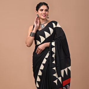 Black Cotton Saree for women Hand Block Print Saree with Blouse Piece, soft mulmul fabric sari