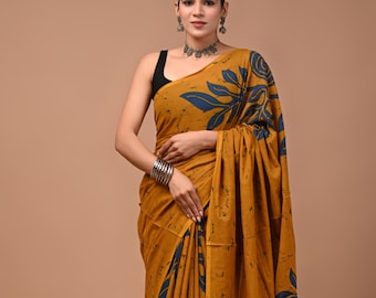 Cotton Saree for women, Floral Print Sari with Unstitched Blouse
