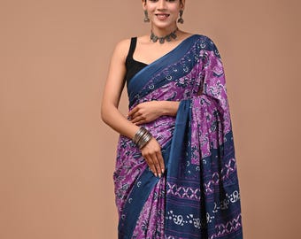Saree for women with Unstitched Blouse : Mulmul Lightweight Sari