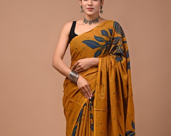 Dark Mustard Cotton Saree for women, Floral Print Sari with Unstitched Blouse