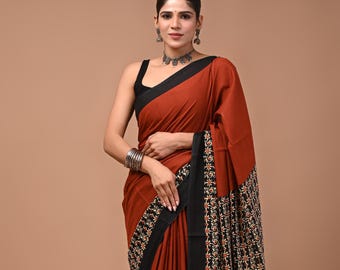 Brown Cotton Saree for women, Floral Print Sari with Unstitched Blouse