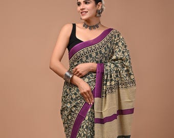 Grey and Purple Cotton Saree for women, Hand Block Sari with Unstitched Blouse