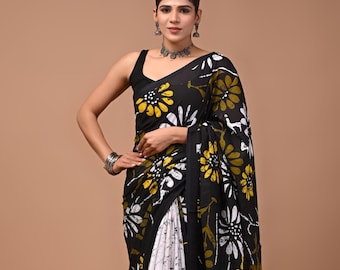 Floral Saree for women with Unstitched Blouse : Black Mulmul Lightweight Sari