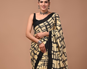 Black and Cream Cotton Saree for women, Geometric Print Sari with Unstitched Blouse