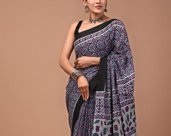 Saree for women with Unstitched Blouse : Mulmul Lightweight Sari