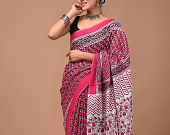 Pink Floral Saree for women with Unstitched Blouse : Mulmul Lightweight Sari