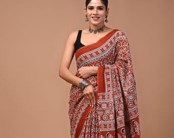 Brown Cotton Saree for women, Floral Print Sari with Unstitched Blouse