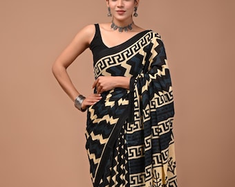 Cotton Saree with Unstitched Blouse : Black Mulmul Lightweight Sari for women