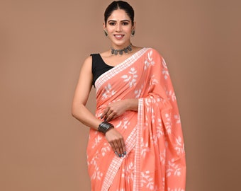 Sari Bagru de algodón color melocotón, estampado a mano en bloque con blusa sin coser, tela de algodón suave