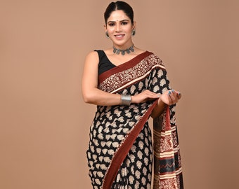 Sari de algodón con estampado manual Bagru y blusa: sari Mulmul suave