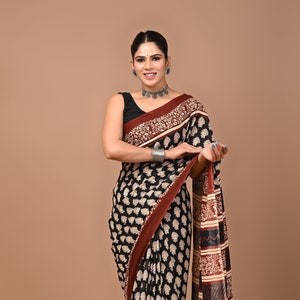 Bagru Hand Block Printed Cotton Saree with unstitched Blouse,  Soft Cotton Festival and Daily wear sari