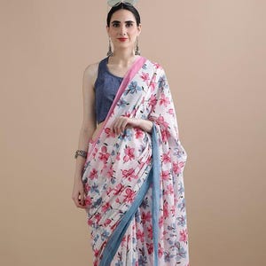 Pure Soft Cotton Saree for women, Hand Block Floral Print Sari with Blouse Piece