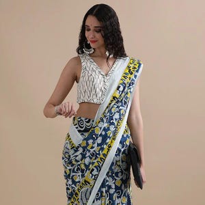 Hand Block Floral Print Saree with Blouse Piece, Pure Soft Cotton Sari for women, Indian Ethnic Comfortable summer wear