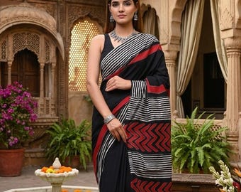 Pure Cotton Saree, Hand Block Printed, Black Ethnic Sari with Blouse Piece
