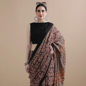 Black Mul Mul Cotton Saree for women, Hand Block Bagru Floral Print Sari with Blouse Piece