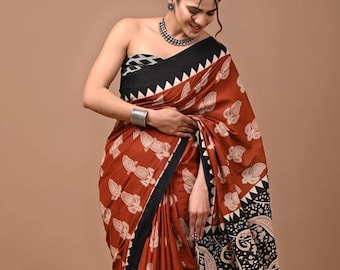 Cotton Saree for women, Bagru Hand Block Printed with Unstitched Blouse
