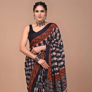 Crafts Moda Black Hand Block Cotton Saree for women, Bagru Floral Print Sari with Blouse Piece