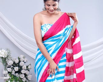 Striped Cotton Saree with Unstitched Blouse: Soft Mulmul Fabric