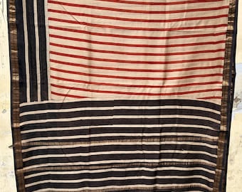 Striped Maheshwari Silk Cotton Saree with Zari Border | Hand Block Printed Indian Handloom Saree | Rust Red and Black