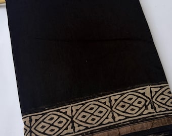 Black Chanderi Silk Saree with Zari Border, Indian Traditional Sari with Blouse, Festive Wear
