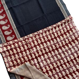 Black and Maroon Hand Block Printed Linen Cotton Saree – Party wear Ethnic, Soft & Lightweight, Traditional Indian Saree for Women