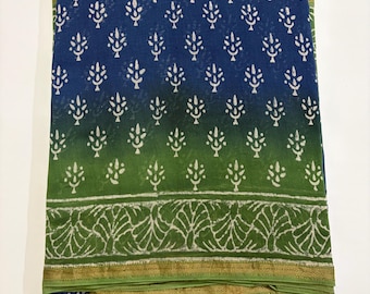 Chanderi Silk Saree with Zari Border, Indigo Navy Blue Olive Green Dual Tone Ombre Indian Traditional Sari with Blouse, Festive Wear