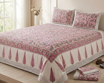 Floral Hand Block Printed King size Cotton Bedsheet: Boho Bedding Set
