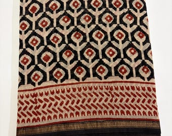 Chanderi Silk Saree with Zari Border, Black Red Ivory Geometric Ajrakh Style Indian Traditional Sari with Blouse, Ethnic Wear