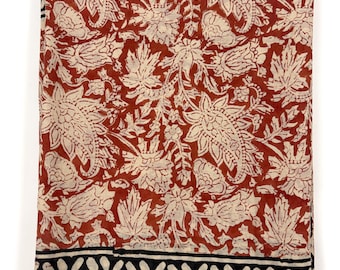 Pure Cotton Saree with Unstitched Blouse Piece, Rust Red Floral Bagru Print Saree